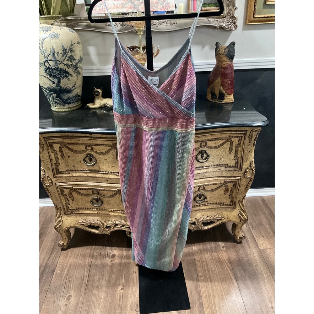 Saylor Rainbow Sequin Midi Dress Womens Large Multi Color Metallic Stripe Party
